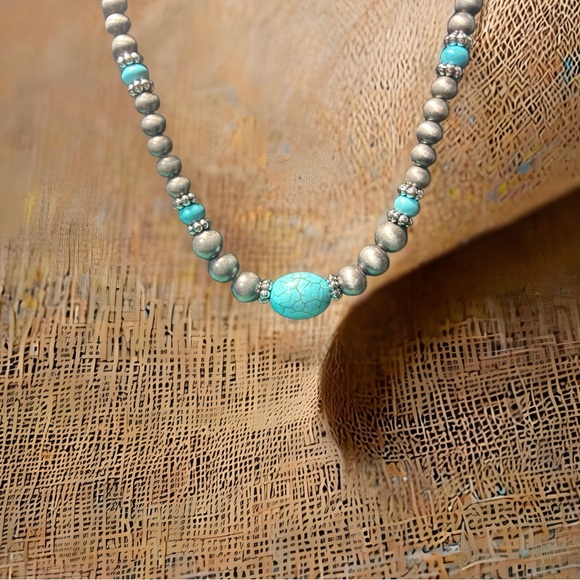 Turquoise and Silver Beaded Necklace and Earring Set - Picture 4 of 4